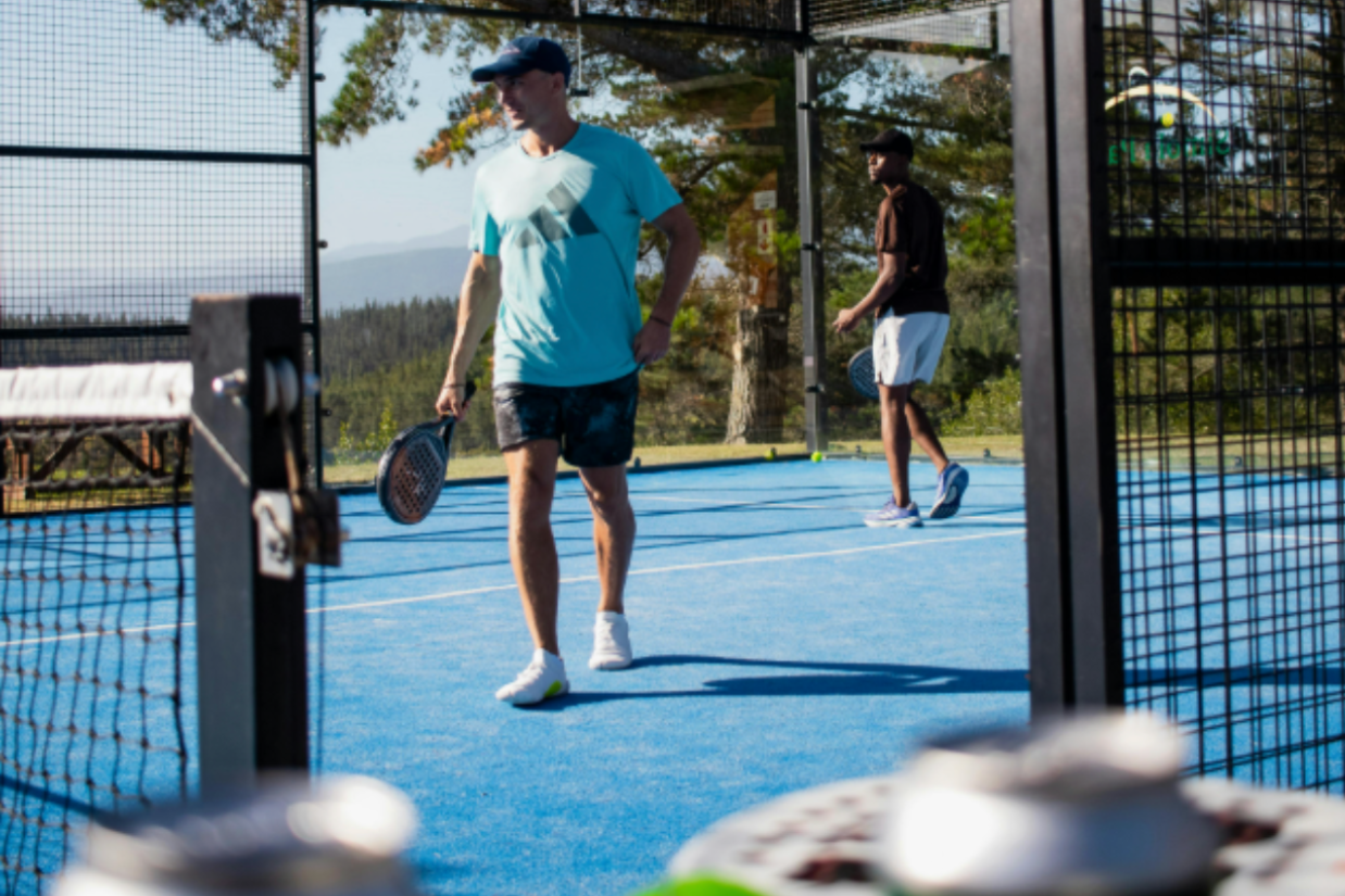 Padel courts at Trophy Lakes with Charleston's scenic waterfront in the background